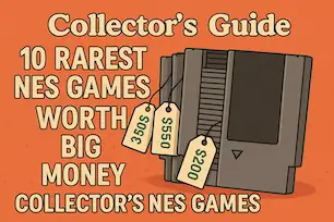 Cartoon image showing rare NES games with price tags and “Collector’s Guide” title, styled for retro gamers and collectors