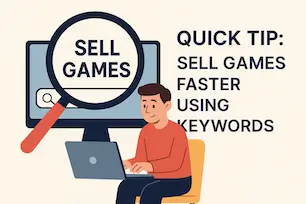 Cartoon of gamer typing game titles into a retro search bar with tips for using keywords to sell video games faster online