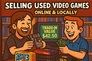 Cartoon of two men exchanging retro video games for cash with trade-in value shown on screen – expert guide to selling used video games online and locally