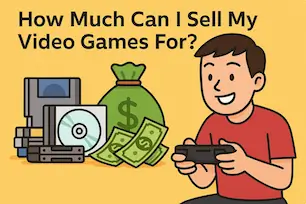 Cartoon gamer checking game prices on a retro monitor with stacks of cartridges and a 2025 value guide showing trade-in worth
