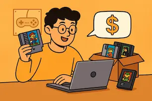 Cartoon gamer holding retro video games ready to sell online – trade-in guide illustration