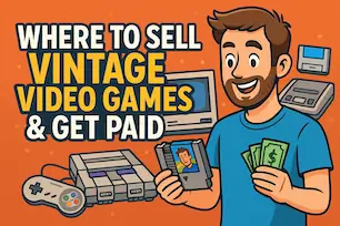 Cartoon gamer holding NES cartridge and cash with retro consoles in background – where to sell vintage video games and get paid online or locally