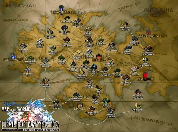 Ivalice world map in Final Fantasy Tactics PSP War of the Lions – tactical RPG setting