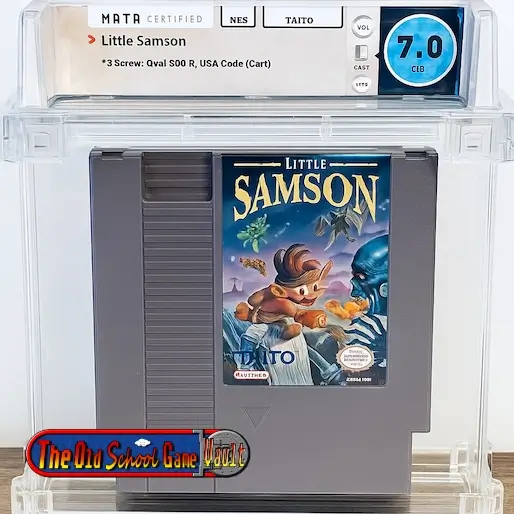 WATA graded 7.0 Little Samson NES cartridge by Taito, displayed in acrylic case with colorful label art featuring platforming action