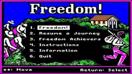 Freedom! Apple II game main menu screen, MECC 1992.