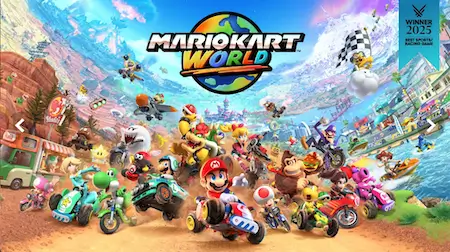 Mario Kart World racers speeding through a large open-world course on Nintendo Switch 2.