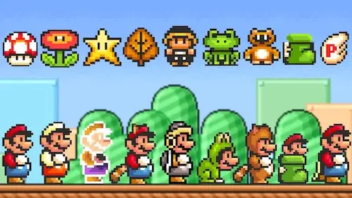 All Super Mario Bros 3 NES power-up suits – Tanooki, Frog, and P-Wing suits in action