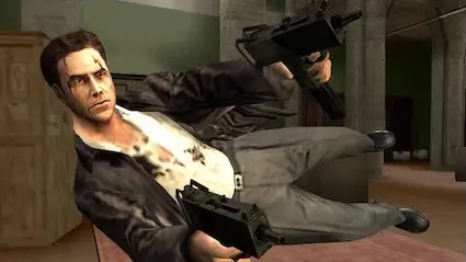 Max Payne aiming dual pistols in a gritty noir cityscape, representing the classic anti-hero in video games