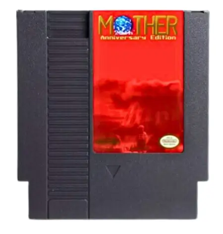 Fan-made homebrew NES cartridge of Mother, featuring custom label art and a reproduction shell, designed for play on original Nintendo hardware