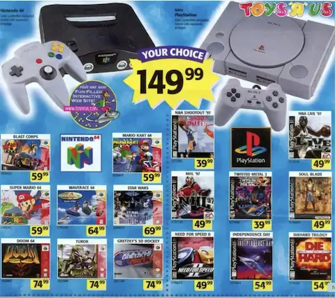 1996 Toys R Us Ad Comparing Nintendo 64 and PlayStation Consolesv