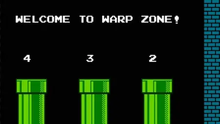Super Mario Bros NES warp pipe glitch revealing hidden warp zone to levels 2, 3, and 4.