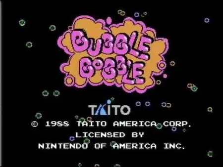 NES Bubble Bobble intro screen showing the game’s title logo with colorful bubble graphics and the iconic start screen layout.