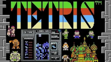 NES Tetris gameplay screen with classic Nintendo characters and score display.