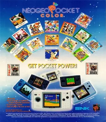 Neo Geo Pocket Color handheld console ad showing retro fighting games on a classic 90s portable gaming system.