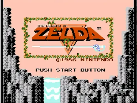 NES Legend of Zelda title screen featuring the game’s logo, trademark sword and shield design, and classic start menu options.
