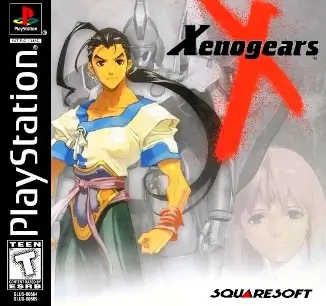 Xenogears PS1 cover art featuring Fei Fong Wong with red X mecha symbol in the background