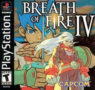 Breath of Fire IV PS1 cover featuring Ryu and Fou-Lu with glowing dragon eyes and blue tones