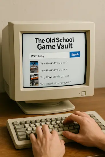 Vintage CRT monitor showing a search for PS2 Tony Hawk games on The Old School Game Vault, with hands typing on a beige keyboard
