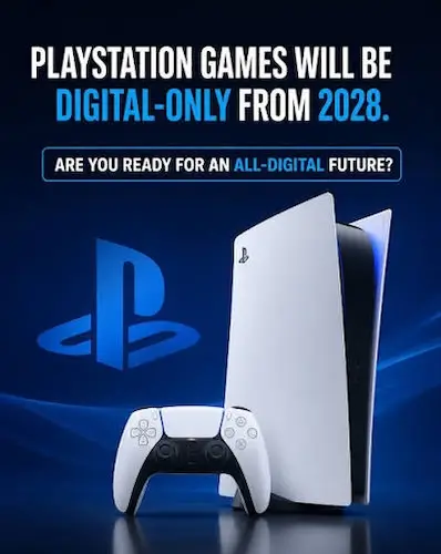 PlayStation 5 console with text announcing PlayStation games will be digital-only from 2028