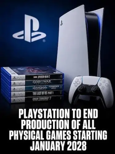 PlayStation 5 console with PS5 game cases and text announcing end of physical game production starting January 2028