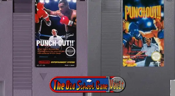 Side-by-side comparison of NES cartridges: Mike Tyson's Punch-Out!! with Tyson's image on the label, and Punch-Out!! featuring Mr. Dream with updated branding and no Tyson likeness. Highlights the rare label and licensing differences between early and later releases.