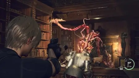 Resident Evil 4 Remake gameplay – Leon fighting parasite enemy with handgun in HD remaster