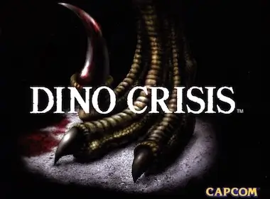 Dino Crisis PS1 intro screen featuring a raptor’s claw resting on a blood-stained floor beneath the game’s title logo, with a dark, ominous background.