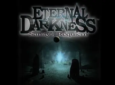 Eternal Darkness: Sanity’s Requiem title screen showing a glowing light in a dark, ancient stone chamber surrounded by looming monoliths and shadows.