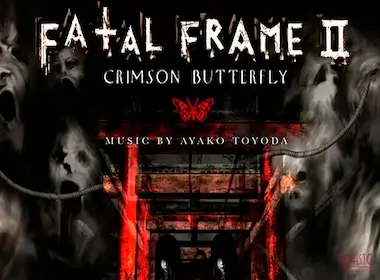 Fatal Frame II: Crimson Butterfly promo art featuring ghostly faces, a red torii gate, and two silhouetted girls walking into darkness with a red butterfly symbol above.
