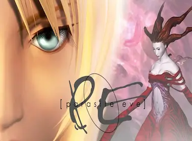 Promotional image for Parasite Eve showing a close-up of Aya Brea’s eye on the left and a mutated Eve figure with flowing red tendrils on the right