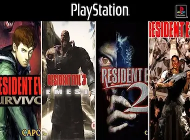 Resident Evil PS1 cover art for RE1, RE2, RE3: Nemesis, and Survivor featuring main characters and horror-themed designs.