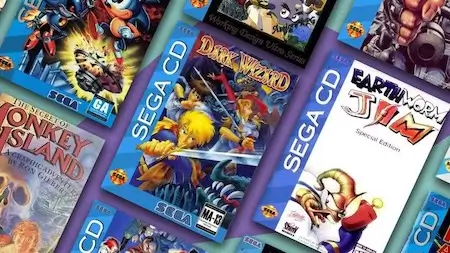 Sega CD game collection – classic titles including Sonic CD, Dark Wizard, Earthworm Jim, Monkey Island