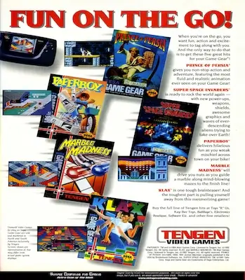 Sega Game Gear ad featuring a full-color 90s portable gaming system and classic third-party game support.