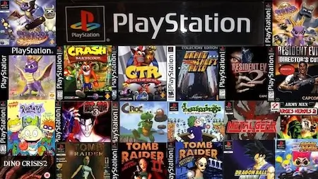 PlayStation game box art collage – PS1 hits like Crash, Tomb Raider, Resident Evil, Dino Crisis