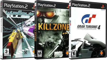 PlayStation 2 game covers – Wipeout Pulse, Killzone, and Gran Turismo 4 for PS2 trade-in