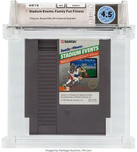 WATA graded 4.5 Stadium Events NES cartridge by Bandai in clear display case, considered the rarest licensed NES game
