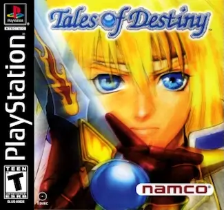Tales of Destiny PS1 cover art featuring Stahn Aileron with golden sword and anime-style party backdrop