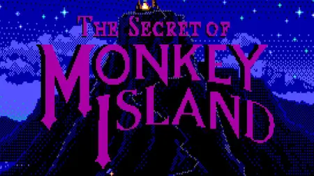 The Secret of Monkey Island title screen with purple lettering over a nighttime island scene.