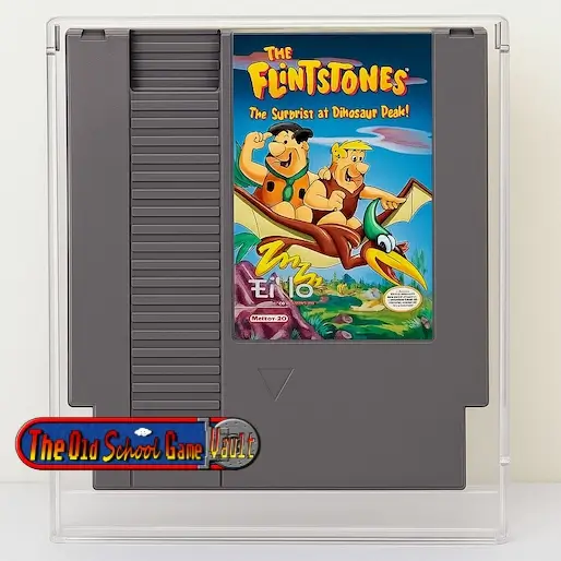 Loose NES cartridge of The Flintstones: Surprise at Dinosaur Peak in plastic case, featuring Fred and Barney riding a pterodactyl