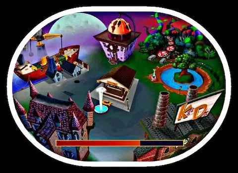 Jersey Devil PS1 hub world screen showing town square with level portals and progression