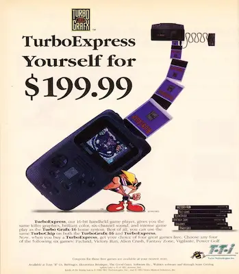 NEC TurboExpress portable gaming system ad from the 90s, showcasing full-color handheld gameplay with TurboGrafx-16 support.