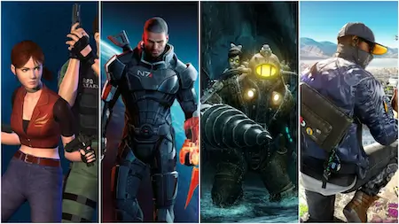 Collection of remastered video games – Resident Evil, Mass Effect, BioShock, and Watch Dogs characters