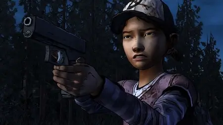 The Walking Dead Season Two screenshot – Clementine aiming pistol in tense nighttime scene