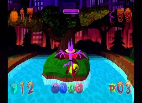 Jersey Devil PS1 gameplay gliding over a lake toward a small island in Greenpark, with a surreal city skyline in the background