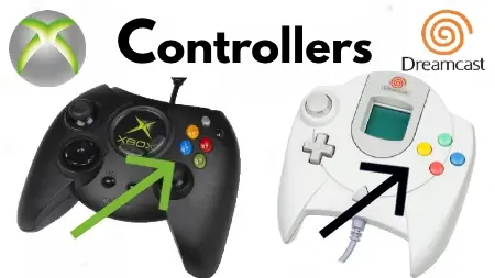 Side by side comparison of Sega Dreamcast controller and original Xbox Duke controller showing design similarities