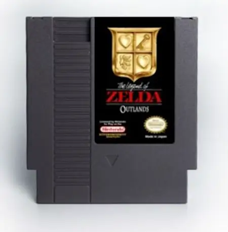 Zelda Outlands homebrew NES cartridge with custom label and shell, showcasing a fan-made sequel inspired by the original Legend of Zelda game