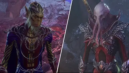 Baldur's Gate 3 character and mind flayer split-screen fantasy artwork.