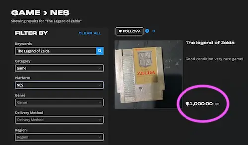 GameFlip showing The Legend of Zelda NES priced at $1,000