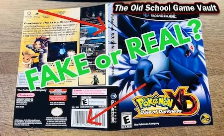 Fake or Real GameCube Artwork – Pokémon XD case spine and barcode comparison with red arrows pointing to reproduction indicators