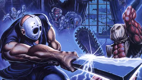 Splatterhouse, featuring the iconic horror game protagonist in a brutal battle against monstrous enemies, epitomizing arcade-style gore and action.